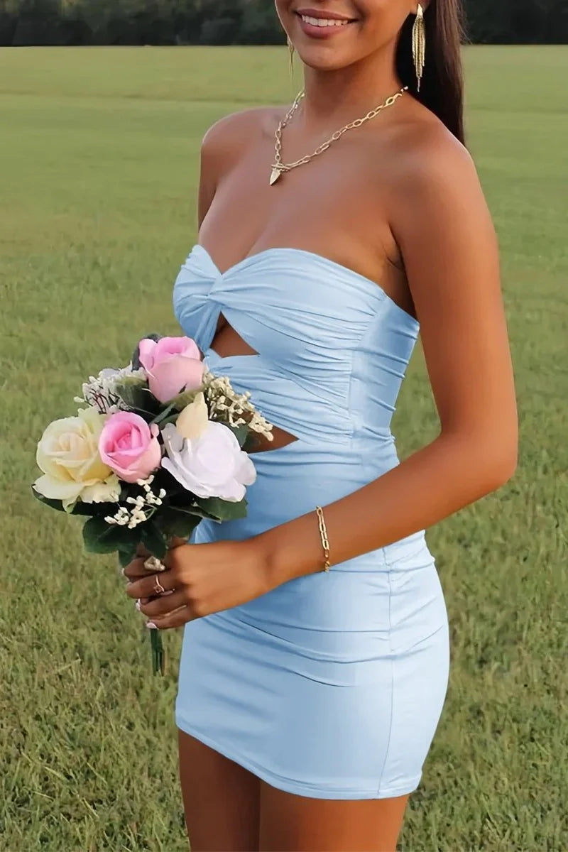 Elegant Strapless Yellow Ruched Bodycon Homecoming Dress with Cutout Detail