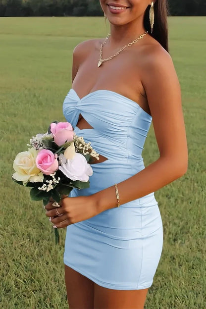 Elegant Strapless Yellow Ruched Bodycon Homecoming Dress with Cutout Detail