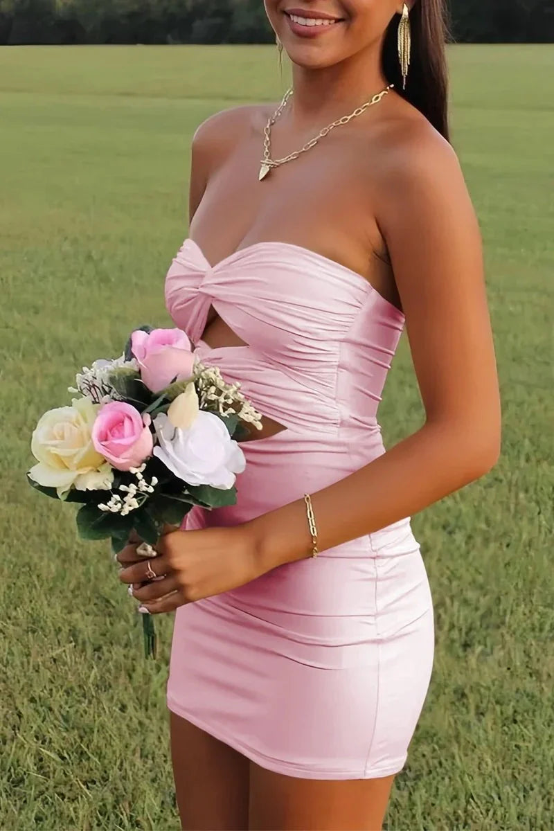 Elegant Strapless Yellow Ruched Bodycon Homecoming Dress with Cutout Detail