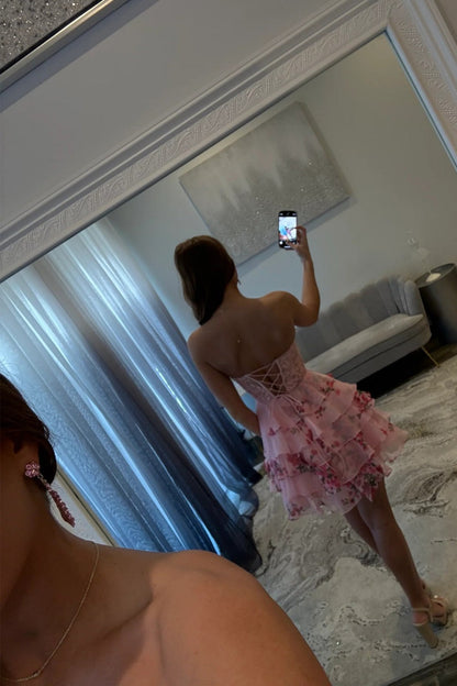 Floral A-Line Sweetheart Corset Homecoming Dress with Ruffled Tulle Skirt
