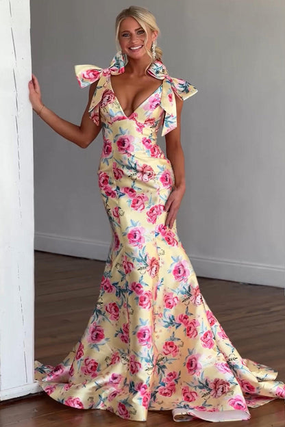 Floral Print Mermaid Prom Dress with Deep V Neck and Bow Shoulder Straps