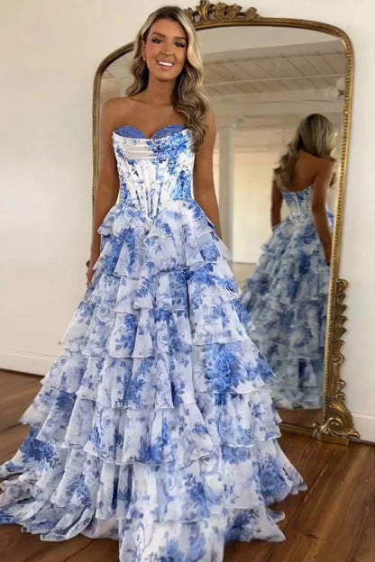 Floral Prom Dresses A-Line Ruffle Evening Party Dress With Slit,AST2199