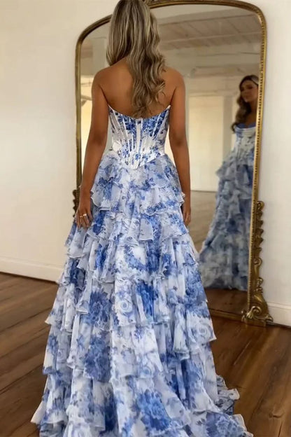 Floral Prom Dresses A-Line Ruffle Evening Party Dress With Slit,AST2199