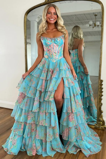 Floral Print Tiered Ruffle Prom Dress with Sparkle Corset Detail & Front Slit
