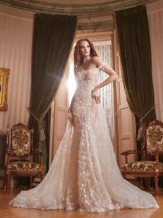 Gorgeous Ivory Lace Applique Off-the-shoulder A-Line Wedding Dress Prom Dress Evening Dress TP4595