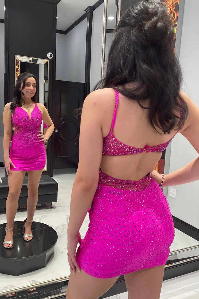 Fuscia Straps Sheath Mini Homecoing Dress, Sparkly Sleeveless Bodycon Dress