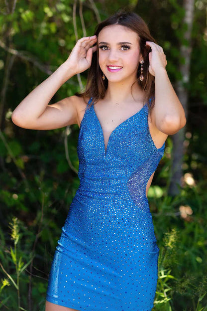 Fuscia Straps Sheath Mini Homecoing Dress, Sparkly Sleeveless Bodycon Dress