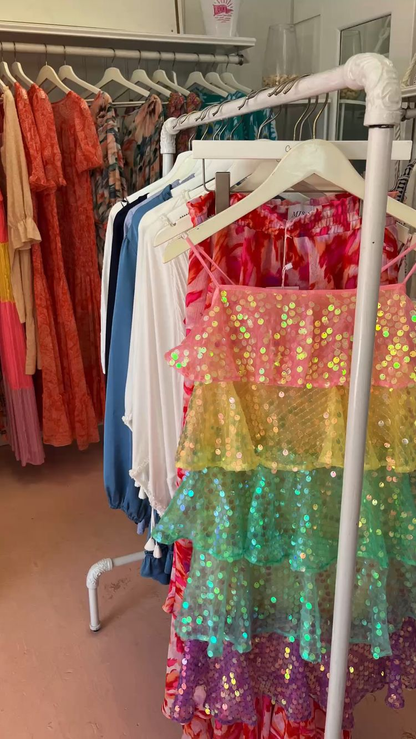 Women Shiny Sequin Sparkle Homecoming Dress Sleeveless Glitter Layered Rainbow Ruffle Dress Party Club Night Dress,Y2475