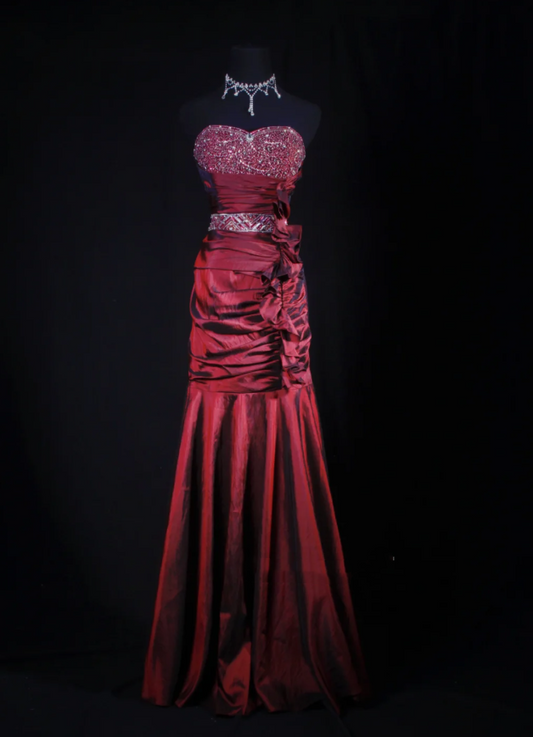 Elegant Strapless Satin Beaded Party Dress Burgundy Mermaid Long Prom Gown