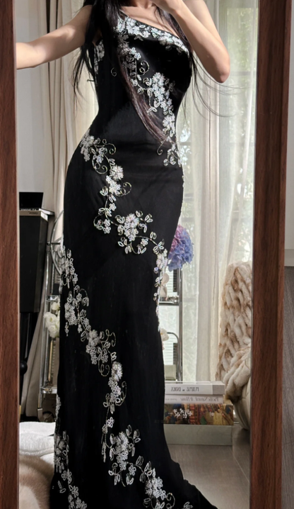 Classy One Shoulder Black Chiffon Beaded Mermaid Long Party Dress Evening Gown