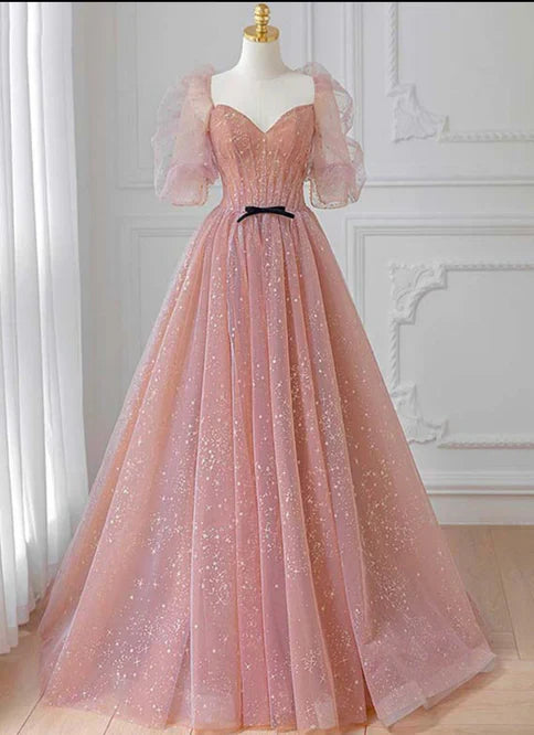omberprom Tulle Beautiful Puffy Sleeves Long Prom Dress A-line Evening Dresses Charming Wholesale