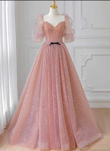 omberprom Tulle Beautiful Puffy Sleeves Long Prom Dress A-line Evening Dresses Charming Wholesale