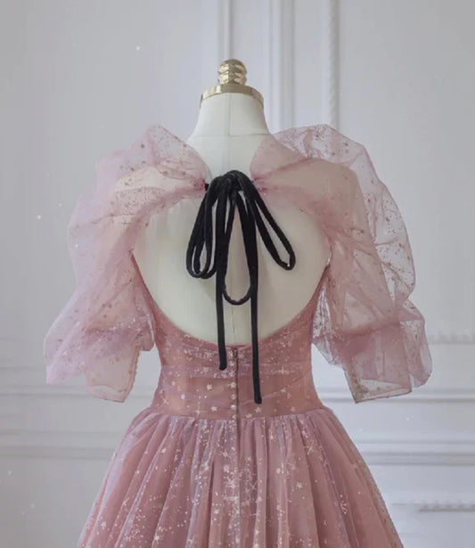 omberprom Tulle Beautiful Puffy Sleeves Long Prom Dress A-line Evening Dresses Charming Wholesale
