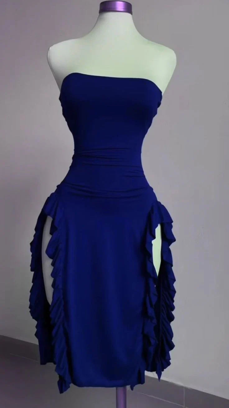 Burgundy Strapless Sheath Midi Length Ruffle Sexy Evening Dress Off Shoulder Party Dress Wholesale
