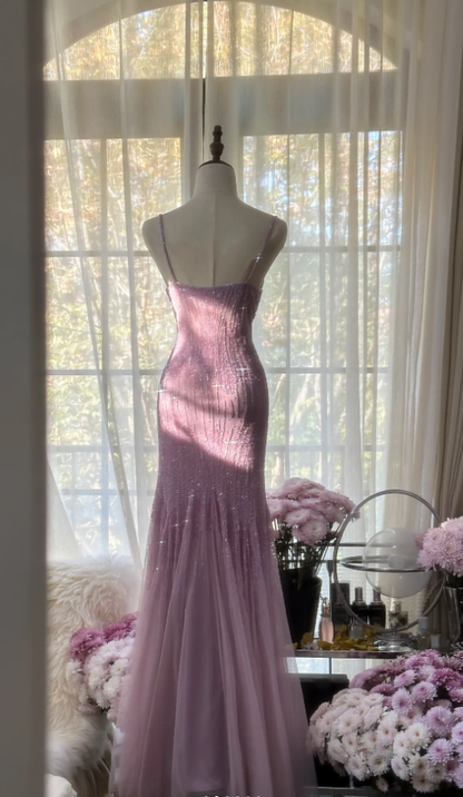 Elegant Spaghetti Straps Purple Chiffon Beaded Mermaid Long Party Dress Evening Gown