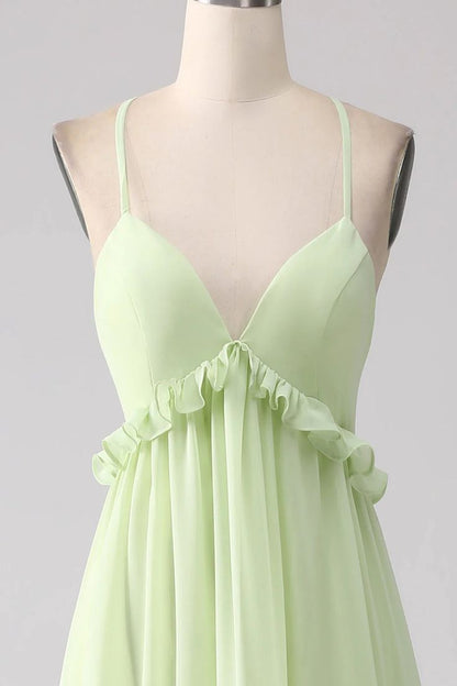 Sexy Ruffles A Line Dress V-neck With Lace-Up Back Prom Dresses GG007