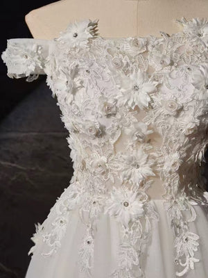 Delicate A Line Off the Shoulder White Lace Prom Dresses, White Lace Formal Evening Dresses  GG018
