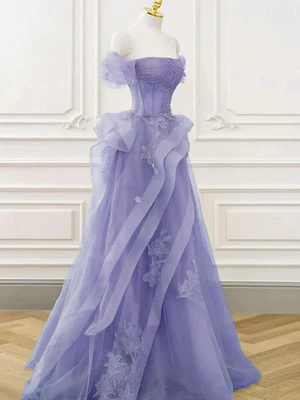 Elegant A Line Off Shoulder Crystals Purple Lace Long Prom Dresses, Formal Dresses, Purple Evening Dresses GG020