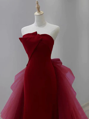 Elegant Strapless Burgundy Mermaid Long Prom Dresses, Wine Red Mermaid Long Formal Evening Dresses  GG025