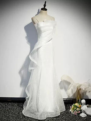 Shiny Sequins White Mermaid Spaghetti strap Tulle  Long Prom Dresses, White Mermaid Long Formal Evening Dresses GG030