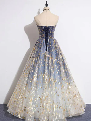 Elegant A Line Blue Ombre Long Lace Prom Dresses, Blue Long Lace Tulle Formal Evening Dresses GG041