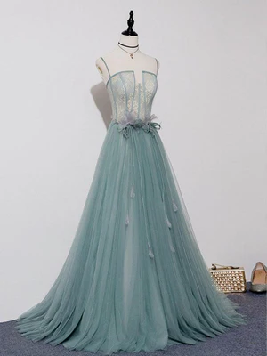 New Elegant A Line Spaghetti Straps  Lace Long Prom Dresses, Long Formal Evening Dresses  GG075