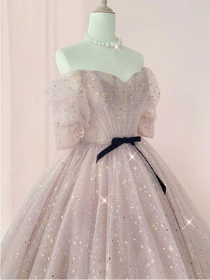 New Sweet A Line Off The Shoulder Half Sleeves Shiny Pink Sequin Prom Dresses, Shiny Pink Long Formal Evening Dresses GG076