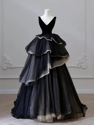 New Elegant A Line Black V Neck Puffy Layered TUlle Long Prom Dresses, Formal Evening Dresses GG102