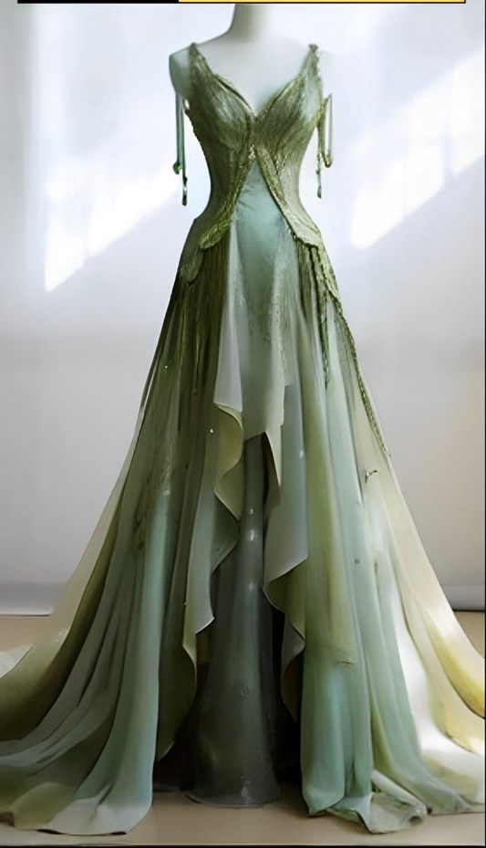 New Elegant A Line Green V Neck Chiffon Sweep Long Prom Dress,Evening Dress GG103