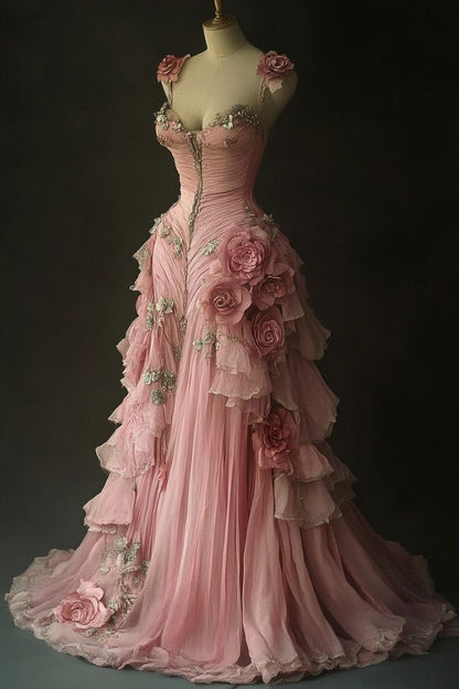 Delicate A Line Flower Straps Chiffon Sweetheart Floral Applique Long Prom Dress,Evening Dress GG1059
