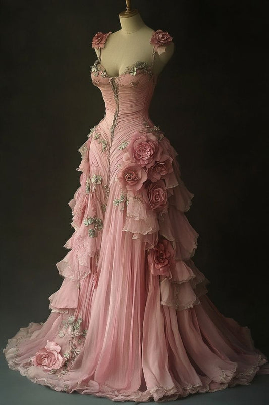 Delicate A Line Flower Straps Chiffon Sweetheart Floral Applique Long Prom Dress,Evening Dress GG1059
