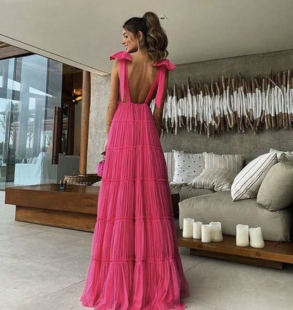 Beautiful A Line Bow Straps V Neck Hot Pink Tulle Backless Long Prom Dress,Evening Dress GG1091