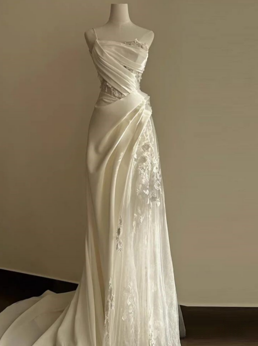 Chic A Line One Shoulder Satin With White Tulle Applique Long Prom Dress,Wedding Dress,Evening Dress GG1135