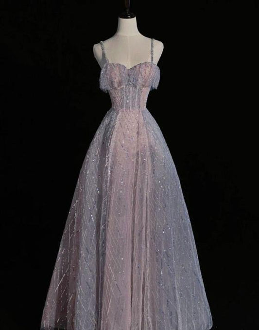 New Shiny A-line Spaghetti Straps Sequin Tulle Long Prom Dresses,Evening Dress GG113