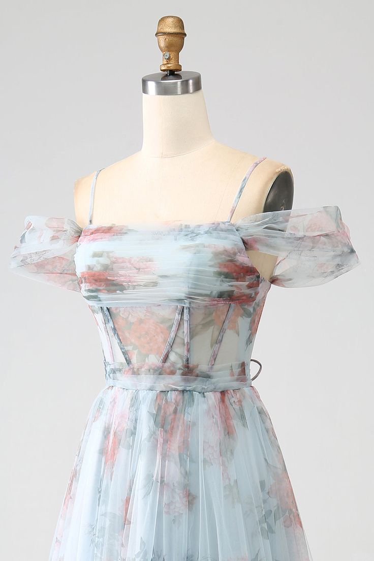 New Beautiful A-Line Blue Printed Cold Shoulder Long Corset Prom Dress With Slit, Evening Dress GG118