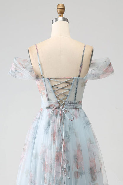New Beautiful A-Line Blue Printed Cold Shoulder Long Corset Prom Dress With Slit, Evening Dress GG118