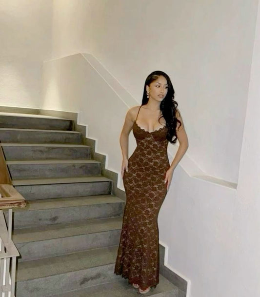 Sexy Mermaid Spaghetti Straps Brown Lace Long Prom Dress,Evening Dress GG1195