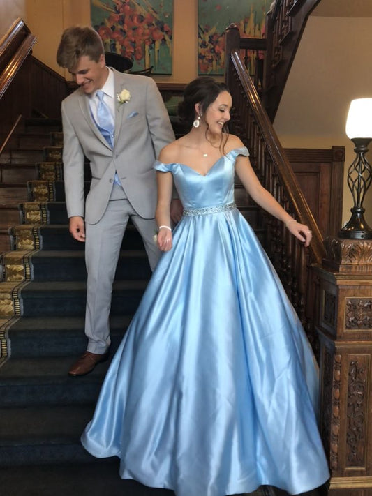Elegant A Line Off The Shoulder Pale Blue Satin Long Prom Dress,Evening Dress GG1207