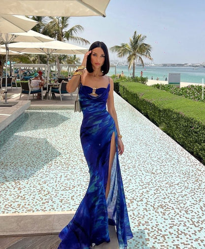 Chic Mermaid Spaghetti Straps Chhiffon Printing Slit Long Prom Dress,Evening Dress GG1239