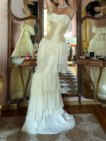 Beautiful A Line Strapless Corset Chiffon Tiered Long Prom Dress,Evening Dress GG1254