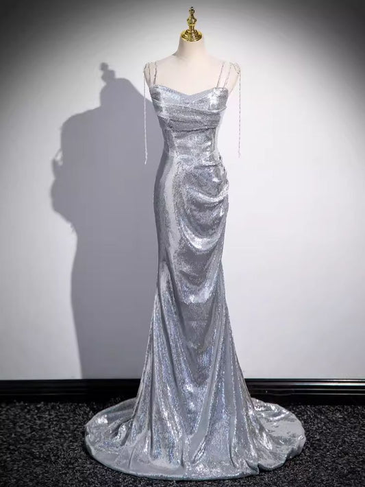 Shiny Mermaid Spaghetti Straps Silver Sequin Long Prom Dress,Evening Dresses GG128