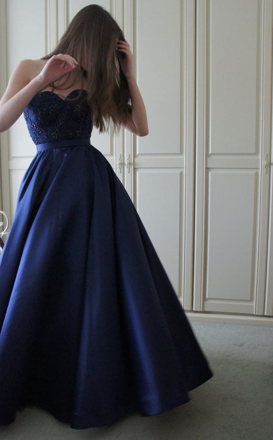 Elegant A Line Strapless Sweetheart Satin Sequin Long Prom Dress,Evening Dress GG1306