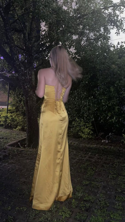 Elegant Mermaid Spaghetti Straps Yellow Satin Pleated Slit Long Prom Dress,Evening Dress GG1326