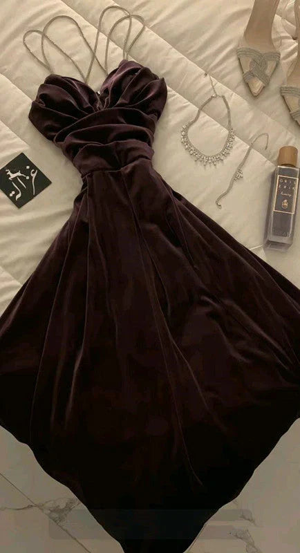 Elegant A Line Beaded Spaghetti Straps Navy Blue Velvet Long Prom Dress,Evening Dress GG1327