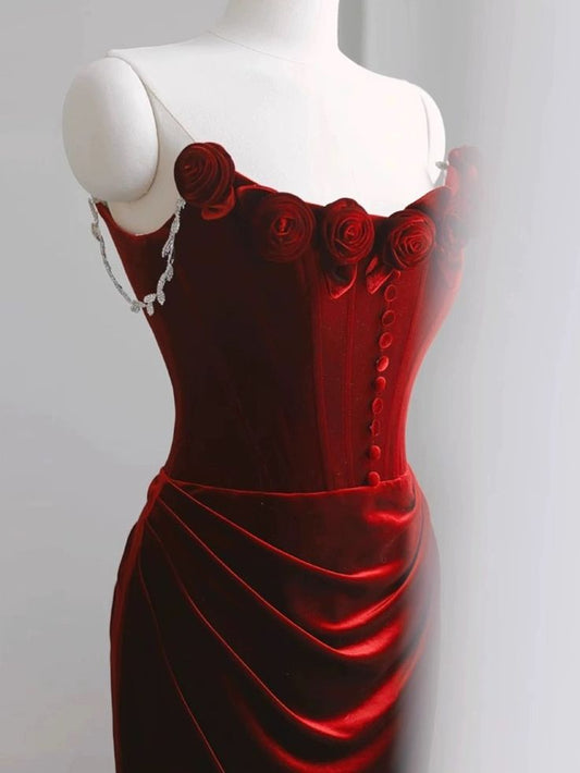 Sexy A Line Spaghetti Straps Red Velvet  Long  Floral Prom Dresses,Evening Dresses GG133
