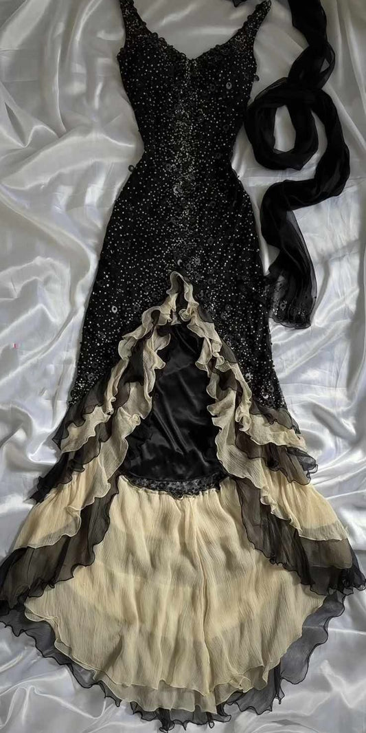 Shiny A Line Black Tulle Ruffle Sequin Beaded Irregular Hem Long Prom Dress,Evening Dress GG1351