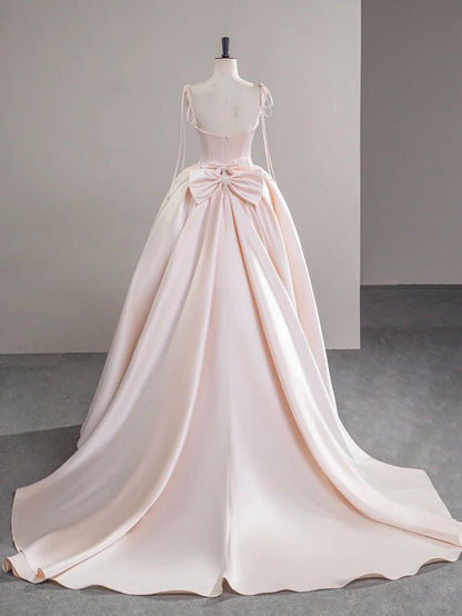 Elegant A-Line Spaghetti Straps Satin Light Pink Back Bow Long Prom Dress, Light Pink Formal Evening Dresses GG138