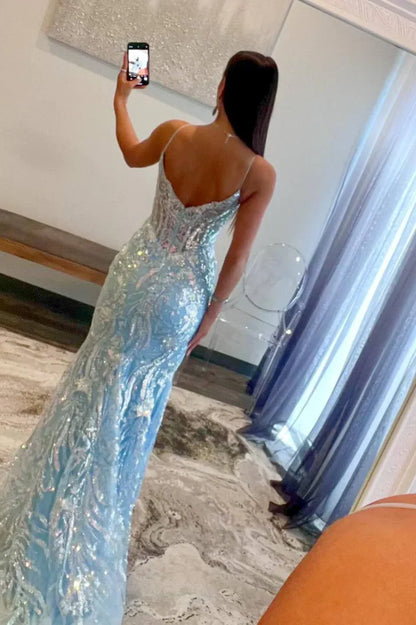 Glamorous Mermaid Spaghetti Straps Light Blue Satin Sequin Applique Long Prom Dress,Evening Dress GG1415