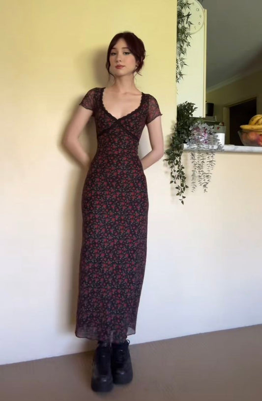 Pretty Mermaid Lace V Neck Black Chiffon Printing Floral Long Prom Dress,Evening Dress GG1442
