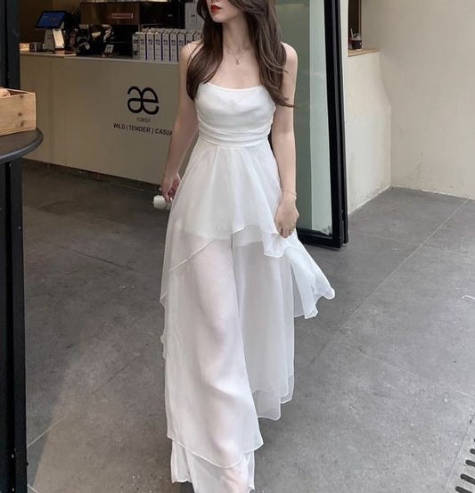 Simple A Line Spaghetti Straps White Chiffon Long Prom Dress,Evening Dress GG1446